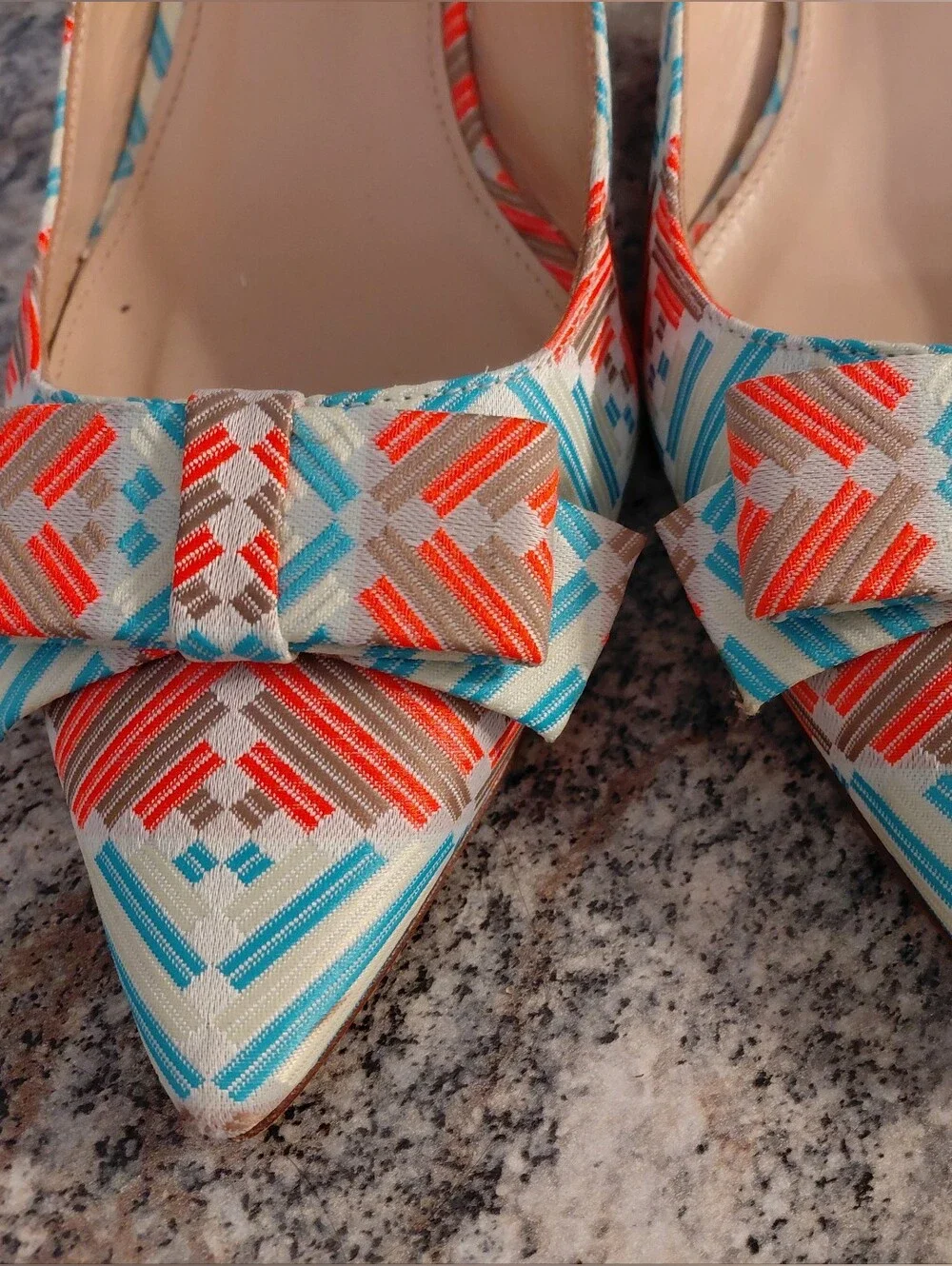 J. Crew Teal & Coral Leather Slingback Heels With A Bow